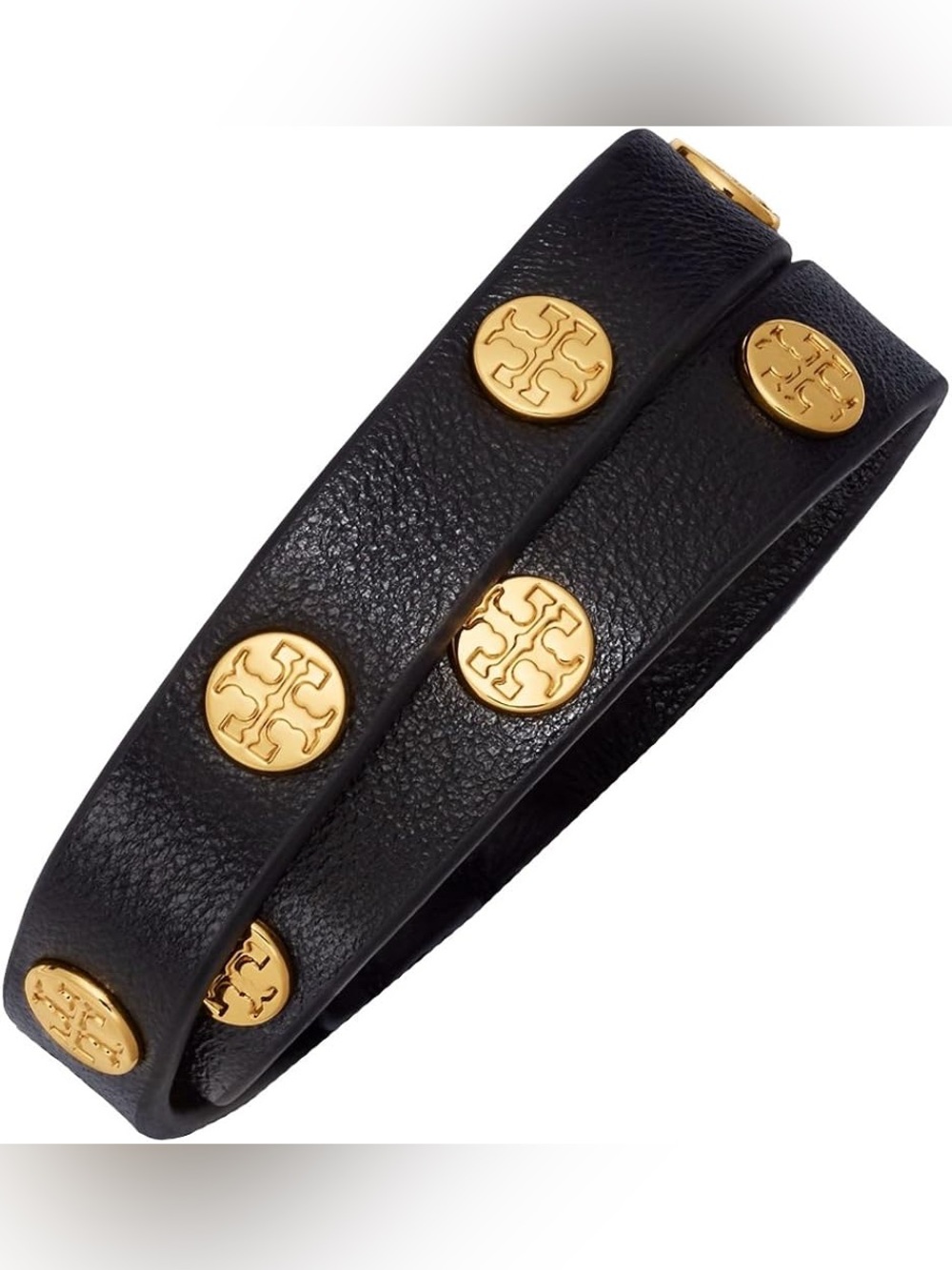 Tory Burch Black Leather Double-Wrap Bracelet with Gold Logo Studs